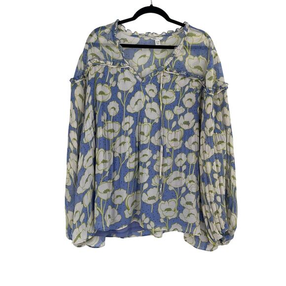 Cato Floral Periwinkle Green Ruffle Peasant Long Sleeve Flowy Blouse Women’s 3x - Picture 1 of 9